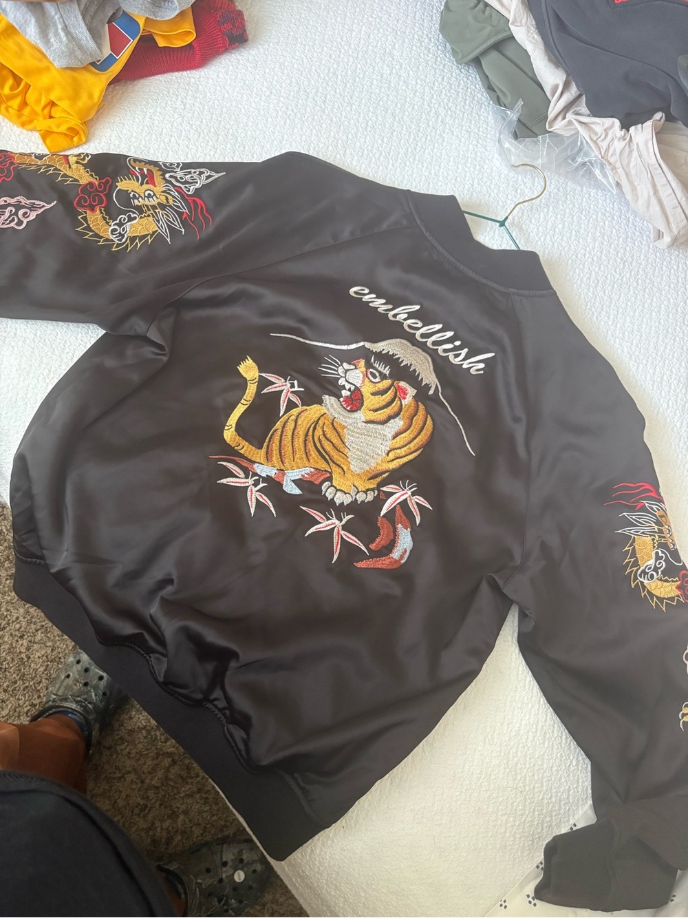 Embellish Black Satin Tiger-Embroidered Bomber Jacket